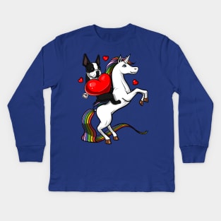 Boston Terrier Dog Riding Unicorn Kids Long Sleeve T-Shirt